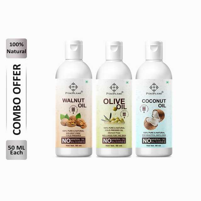 Puriflame Pure Walnut Oil (50 ml), Olive Oil (50 ml) & Coconut Oil (50 ml) Combo for Rapid Hair Growth (Pack Of 3) (B-14023)