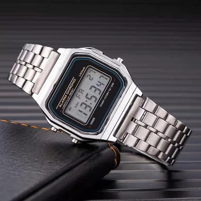 Stainless Steel Strap Square Dial Digital Sports Watch for Men & Women (Black & Silver)