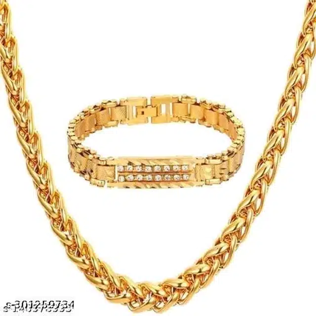 Designer Chain with Bracelet for Men & Boys (Gold, Set of 2)