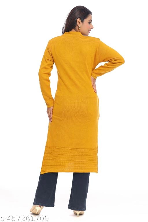 Woolen Printed Kurti for Women (Mustard, L)