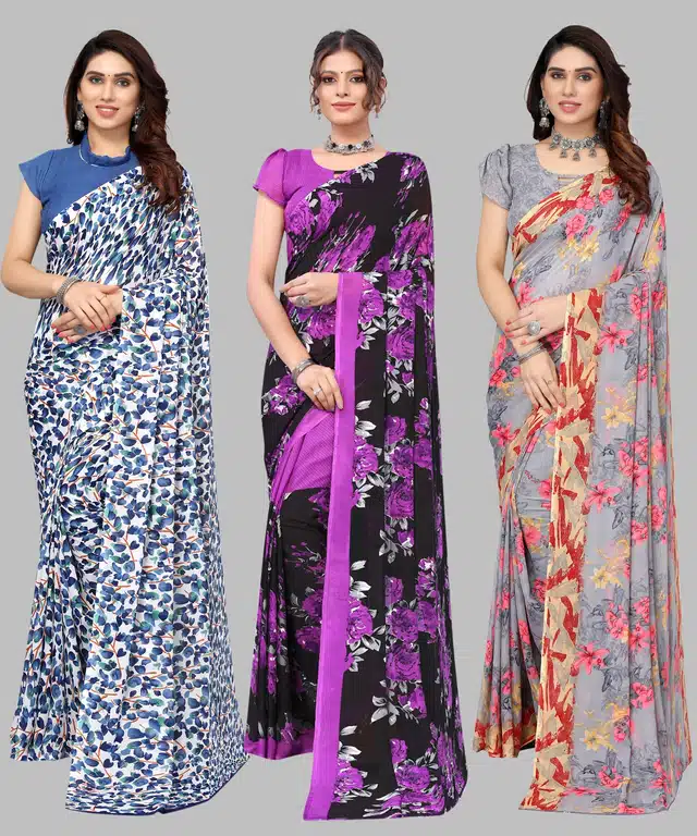 Women's Floral Printed Saree with Unstiched Blouse (Pack of 3, Multicolor) (SD-165)