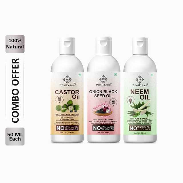 Puriflame Pure Castor Oil (50 ml), Onion Black Seed Oil (50 ml) & Neem Oil (50 ml) Combo for Rapid Hair Growth (Pack of 3) (B-10050)