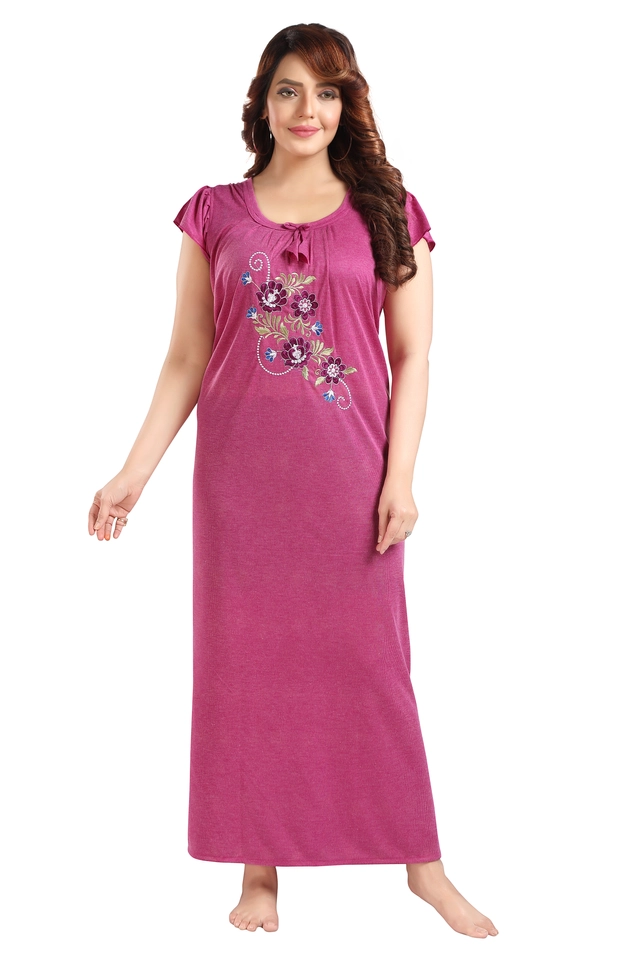 Hosiery Printed Nightdress for Women (Wine, M)