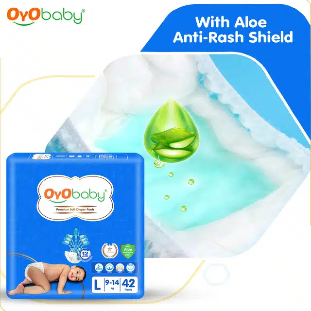 Oyo Baby Baby Diaper Pants L Size (Large) With Aloe Vera Lotion For Rash Protection, Pack Of 42 Count, With Upto 12Hr Protection For Babies Of 9 To 14Kg ( 42 Units - Pack Of 2 )