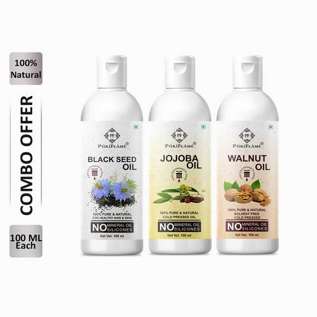 PuriFlame Pure Blackseed Oil (100 ml) & Jojoba Oil (100 ml) & Walnut Oil (100 ml) Combo For Rapid Hair Growth (Pack Of 3) (B-3131)