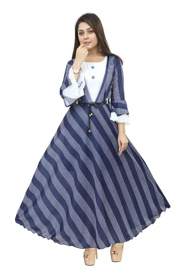 Three Quarter Sleeves Gown for Girls (Blue & White, 9-10 Years)