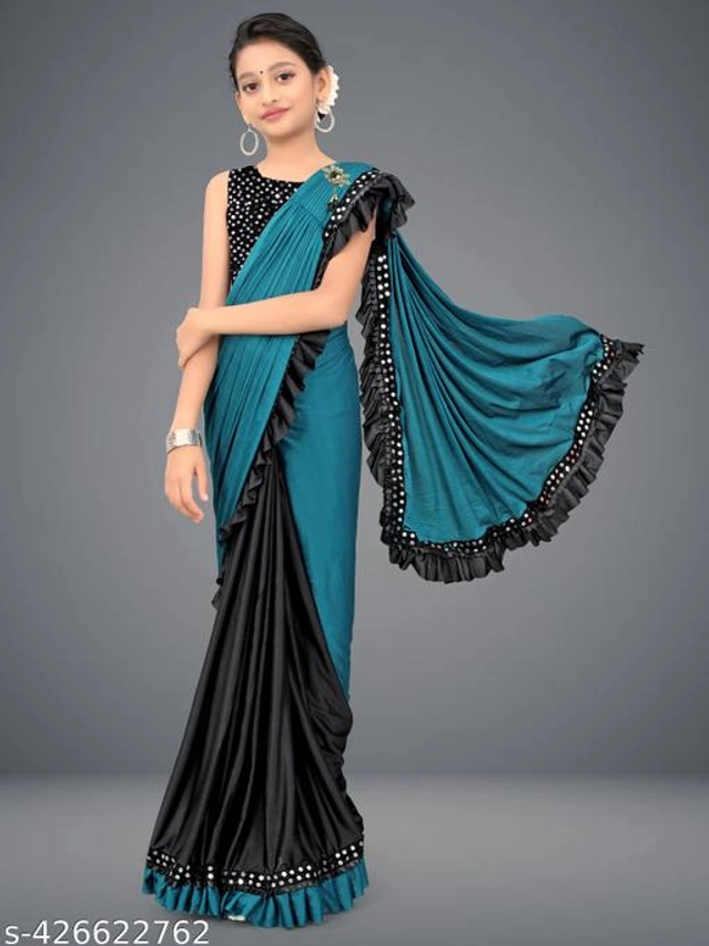 Checked Fancy Saree for Girls with Blouse (Teal & Black, 3-4 Years)