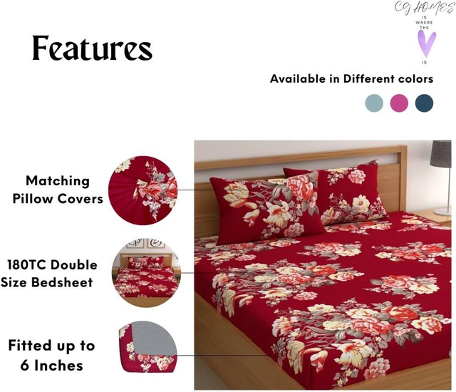 CG Homes 180 TC Fitted Elastic Double Printed Bedsheet With 2 Pillow Cover Cotton (Red)