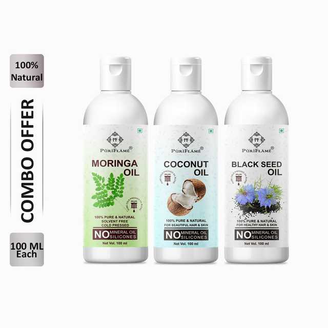 PuriFlame Pure Moringa Oil (100 ml) & Coconut Oil (100 ml) & Blackseed Oil (100 ml) Combo For Rapid Hair Growth (Pack Of 3) (B-5458)