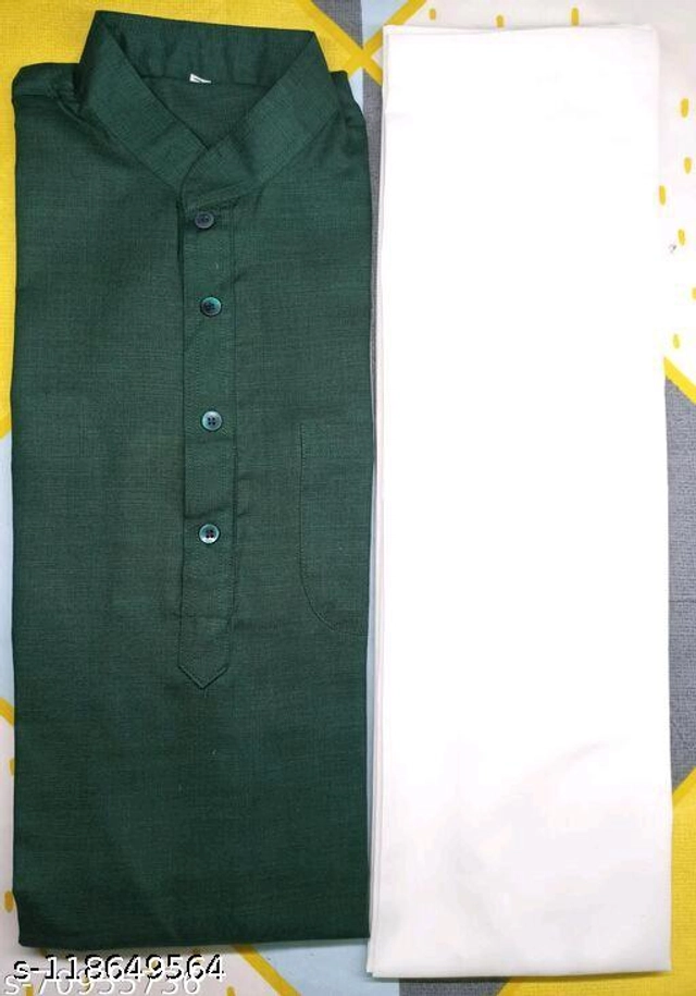 Cotton Solid Kurta with Pyjama for Men (Bottle Green & White, S)