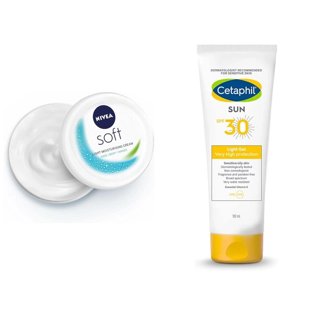 Nivea Soft Light Moisturizer (300 ml) with Cetaphil Sunscreen (100 ml) (Set of 2)