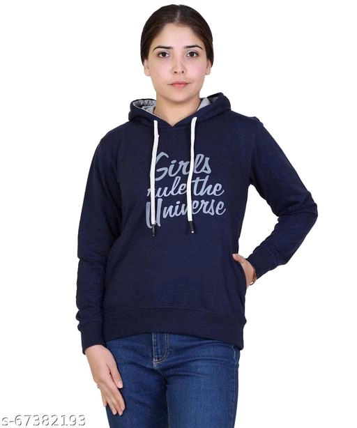 Cotton Blend Printed Hoodie for Women (Navy Blue, M)