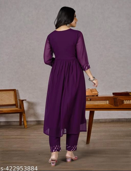 Georgette Embroidered Anarkali Kurti with Pant for Women (Purple, S)