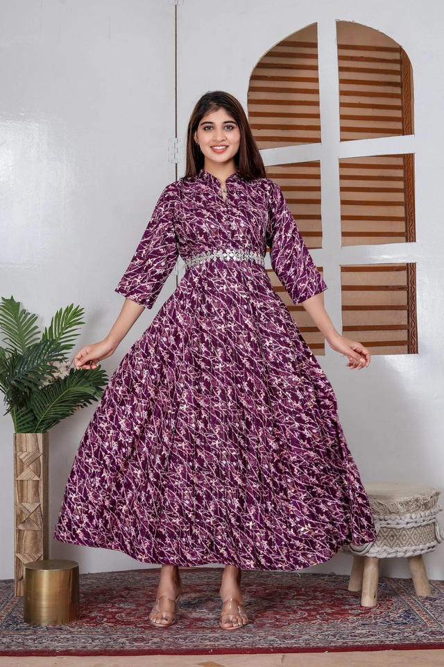 Rayon Printed Gown for Women (Purple, M)