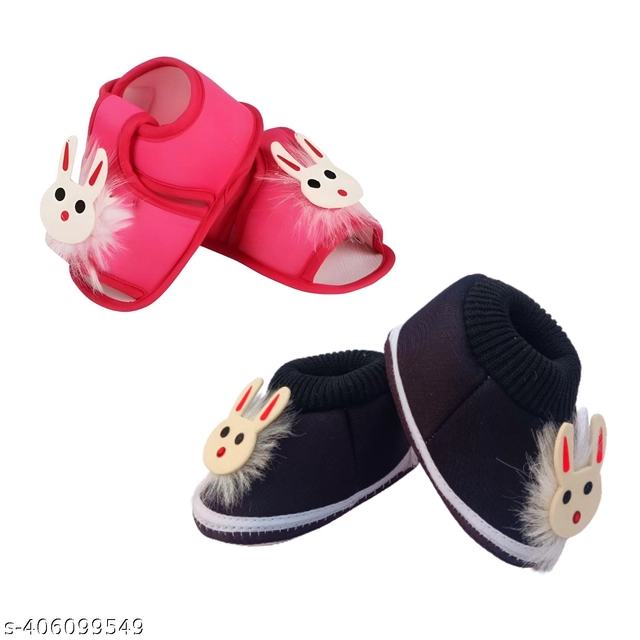 Cotton Booties for Infants (Pink & Black, 0-3 Months)