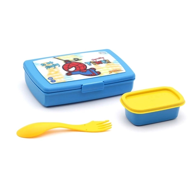 GLUMAN Frozen Series Flip Slim Spiderman Clip lock lid Lunch Box with Spork (600 ml + 200 ml, Set of 1)