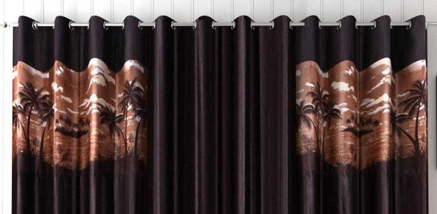 Polyester Room Darkening Printed Door Curtains (Brown, 7 Feet) (Set of 3)