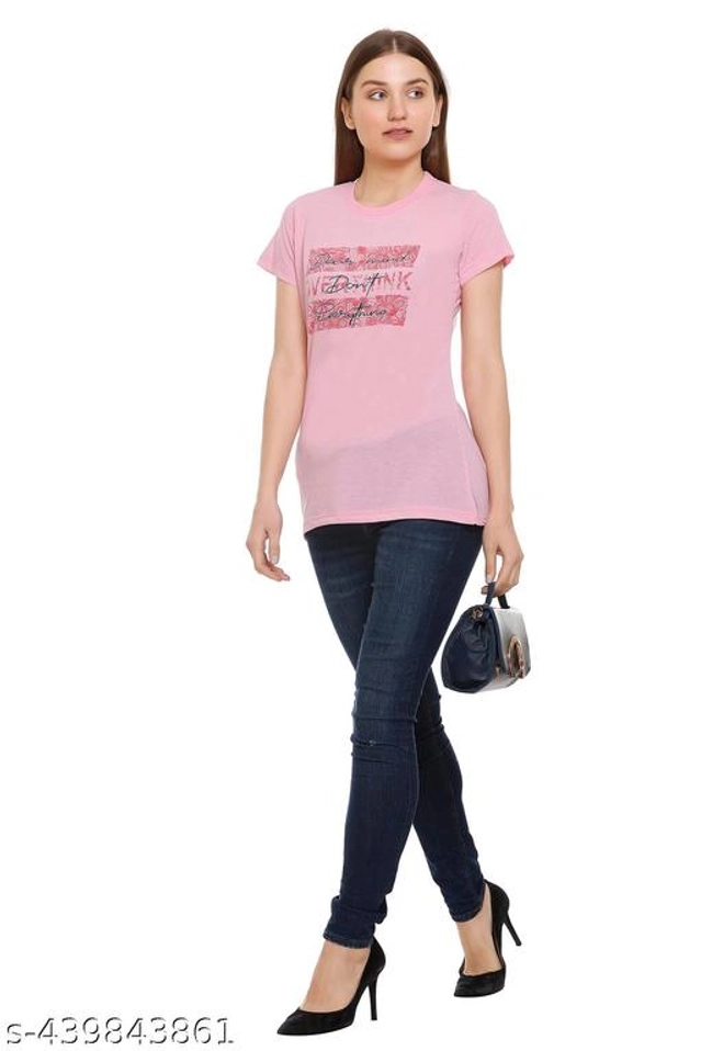 Round Neck Printed T-Shirt for Women (Pink, L)