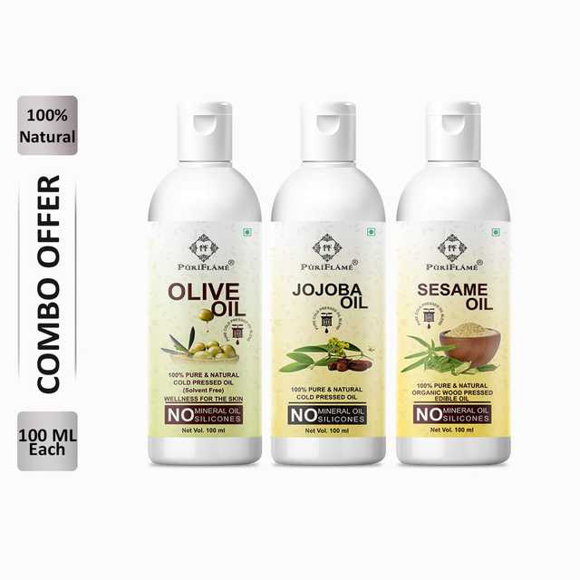PuriFlame Pure Olive Oil (100 ml) & Jojoba Oil (100 ml) & Sesame Oil (100 ml) Combo For Rapid Hair Growth (Pack Of 3) (B-6225)