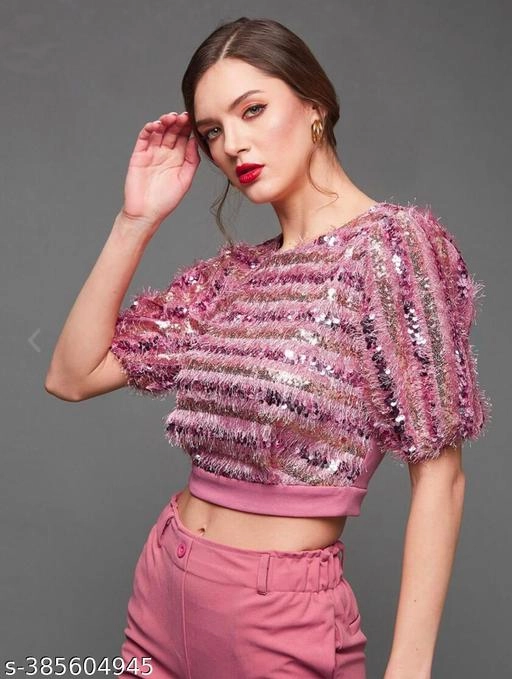 Polyester Embellished Top & Bottom Set for Women (Pink, XS)