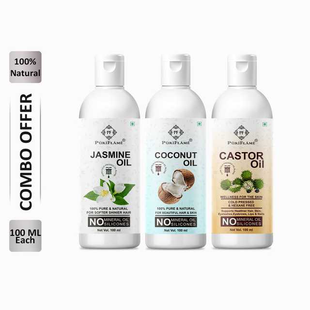 PuriFlame Pure Jasmine Oil (100 ml) & Coconut Oil (100 ml) & Castor Oil (100 ml) Combo For Rapid Hair Growth (Pack Of 3) (B-4776)