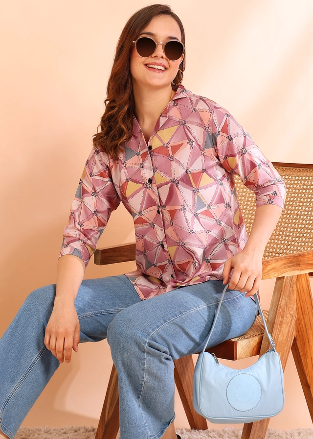 Three Quarter Sleeves Printed Shirt for Women (Peach, S)