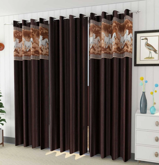 Polyester Room Darkening Printed Door Curtains (Brown, 7 Feet) (Set of 3)