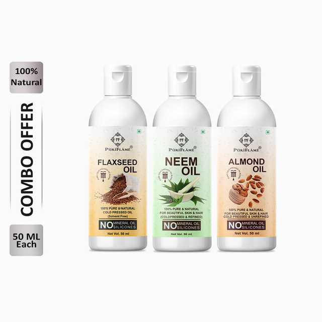 Puriflame Pure Flaxseed Oil (50 ml), Neem Oil (50 ml) & Almond Oil ( 50 ml) Combo for Rapid Hair Growth (Pack Of 3) (B-10618)