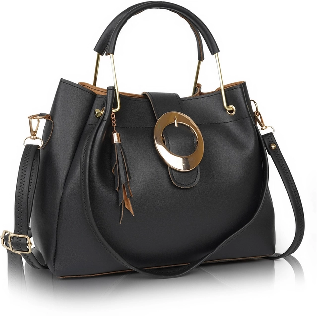 PU Solid Handbag for Women (Black)