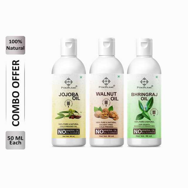 Puriflame Pure Jojoba Oil (50 ml), Walnut Oil (50 ml) & Bhringraj Oil ( 50 ml) Combo for Rapid Hair Growth (Pack Of 3) (B-11640)