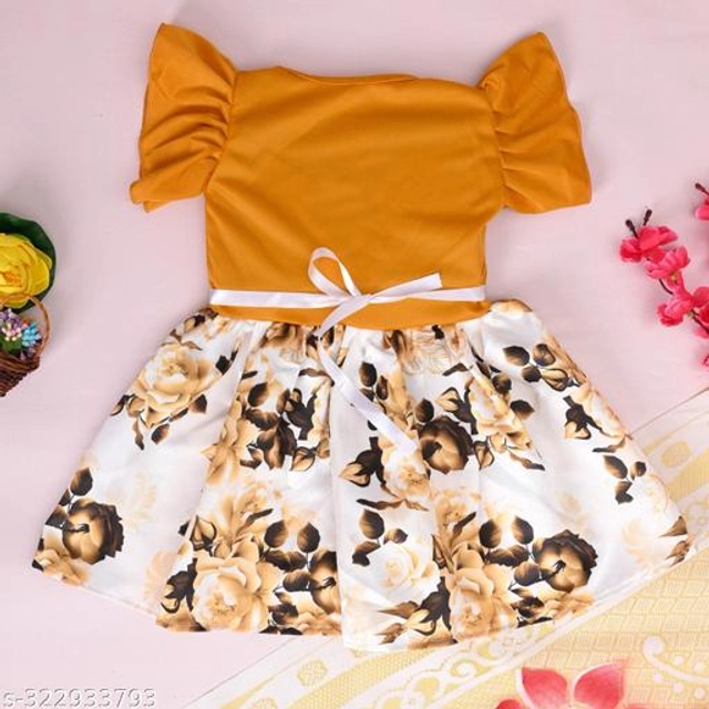 Crepe Printed Frock for Girls (Yellow, 0-3 Months)