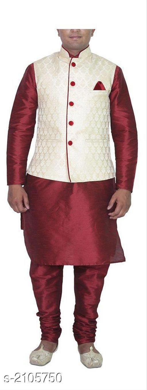 Banarasi Dupion Silk Solid Kurta with Pyjama & Jacket for Men (Maroon & White, 36)