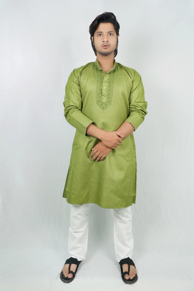 Cotton Full Sleeves Embroidered Kurta Set for Men (Green & White, M)