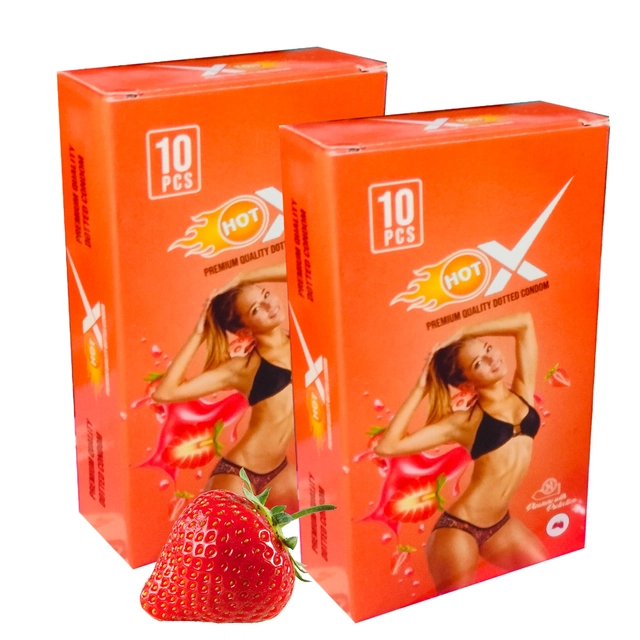 HotX Strawberry Flavoured 10 Pcs Dotted Condoms for Men (Pack of 2)