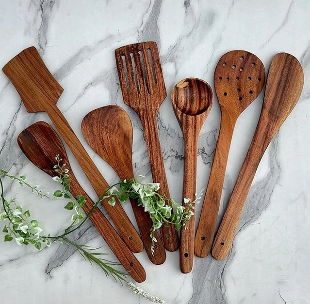 Wooden Utensils Set for Kitchen (Brown, Set of 7)