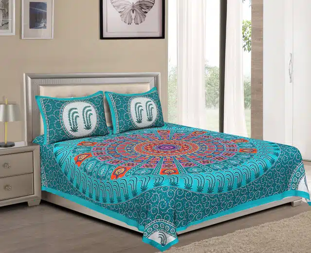Rajasthani Traditional Cotton Bedsheet With 2 Pillow Covers (C-Green, 169 X 94 Inch) (Mc-084)