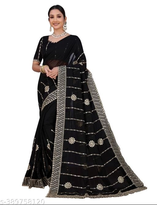 Georgette Embroidered Saree for Women (Black, 6.3 m)