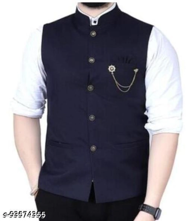 Cotton Slub Ethnic Jacket for Men (Navy Blue, M)