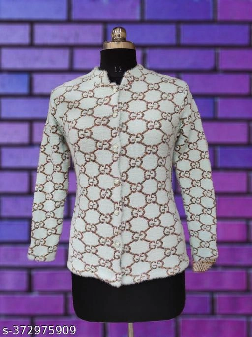 Woolen Printed Sweater for Women (White, Free Size)