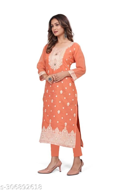 Cotton Embroidered Kurti for Women (Orange, L)