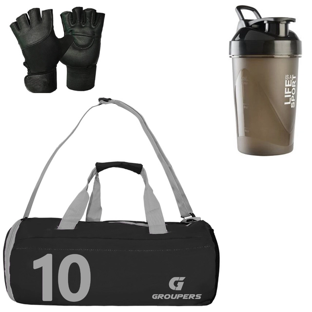 Polyester Printed Gym Bag with Gloves & Shaker Bottle (400 ml) for Men & Women (Multicolor, Set of 1)