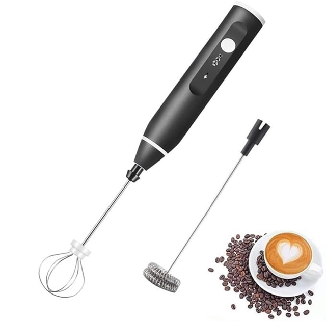 Rechargeable Coffee Beater with 2 Whisks (Black & Silver)