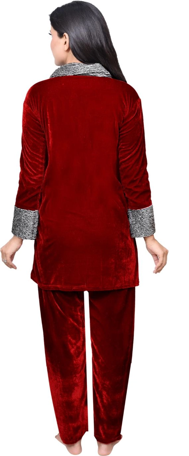 Velvet Solid Nightsuit for Women (Maroon, M)