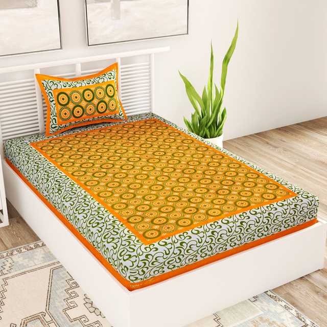 Cotton Jaipuri Single bedsheet With 1 Pillow Cover (Yellow, 60 in x 90 in) (Uq-133)
