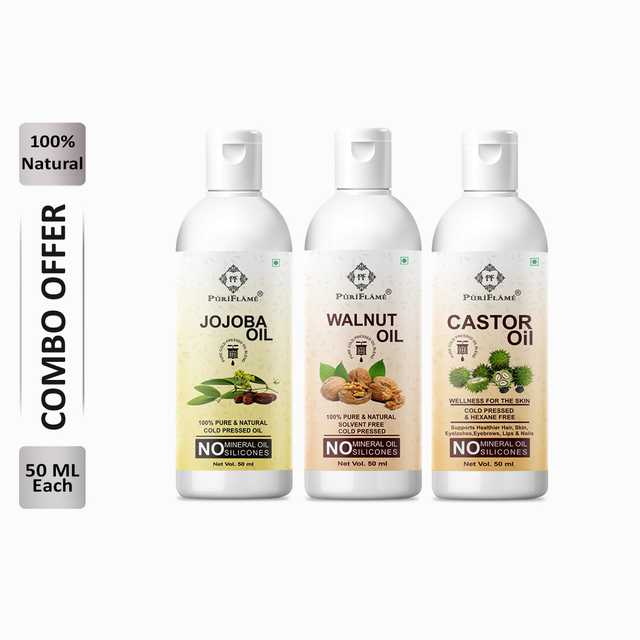 Puriflame Pure Jojoba Oil (50 ml), Walnut Oil (50 ml) & Castor Oil ( 50 ml) Combo for Rapid Hair Growth (Pack Of 3) (B-11642)