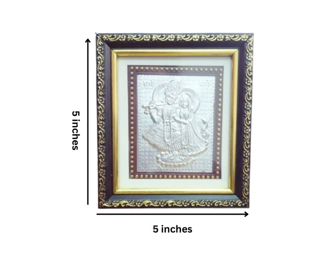 Wooden Shri Radha Krishna Lilver Photo Frame for Puja (Multicolor, 5x5 inches)