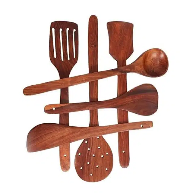 Wooden Cooking & Serving Spoons (Brown, Set of 6)