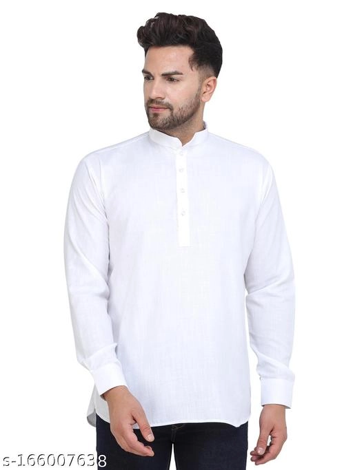 Cotton Blend Solid Short Kurta for Men (White, S)