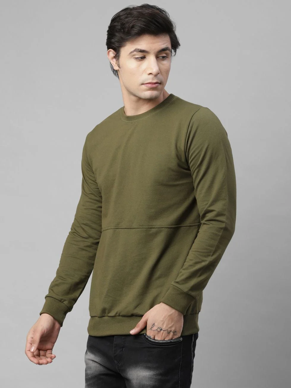 Rigo Men's Cut & Sew Terry Round Neck Sweatshirt (Olive Green, XL)