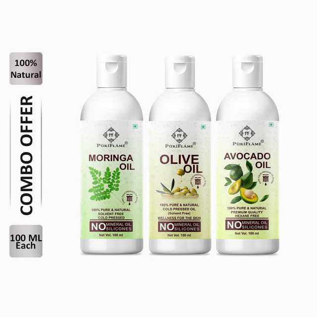 PuriFlame Pure Moringa Oil (100 ml) & Olive Oil (100 ml) & Avocado Oil (100 ml) Combo For Rapid Hair Growth (Pack Of 3) (B-5564)